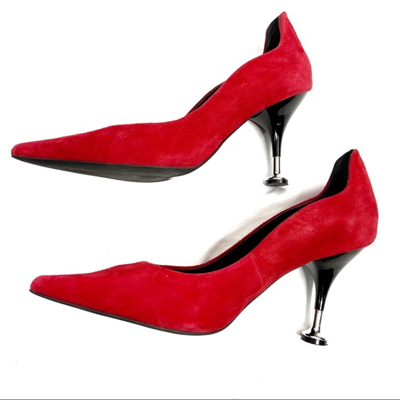 Jeffrey Campbell red suede heels with silver flare heels - Picture 3 of 8